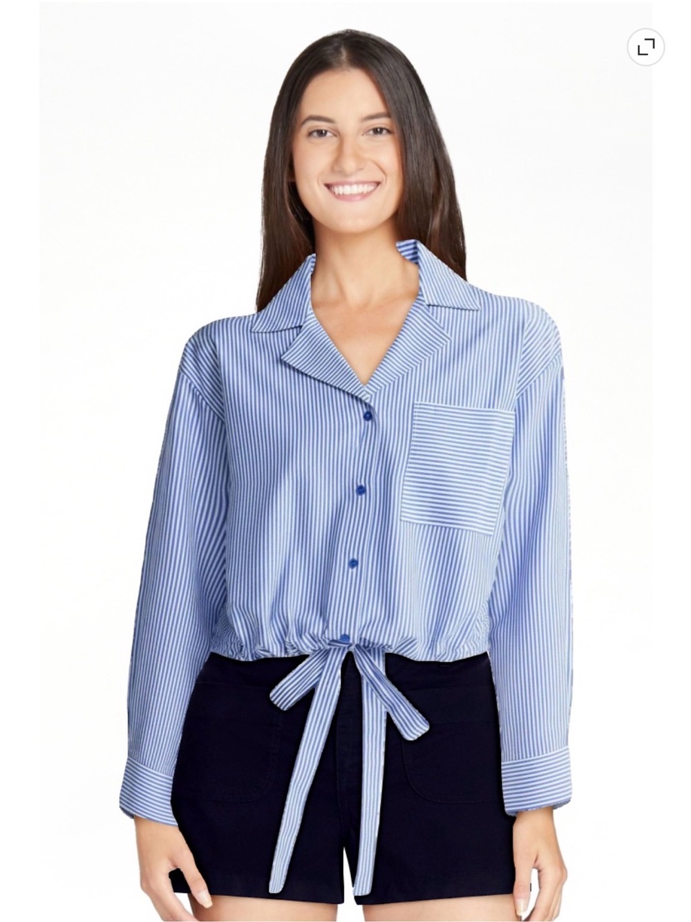 Striped Tie-Front Button Down Shirt - Light Blue